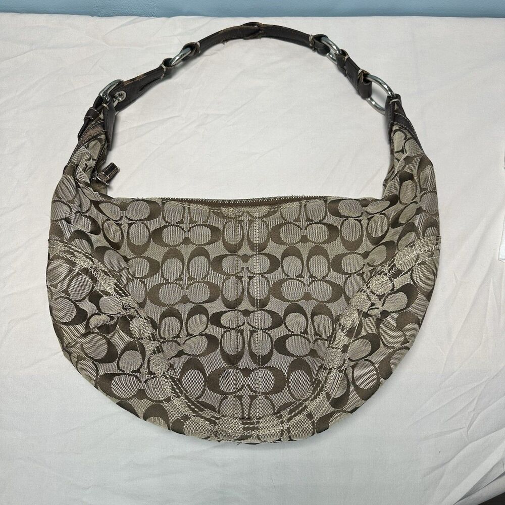 COACH Hobo One Shoulder Half Moon Signature Canvas Leather Bag Brown used Japan - Picture 8 of 16